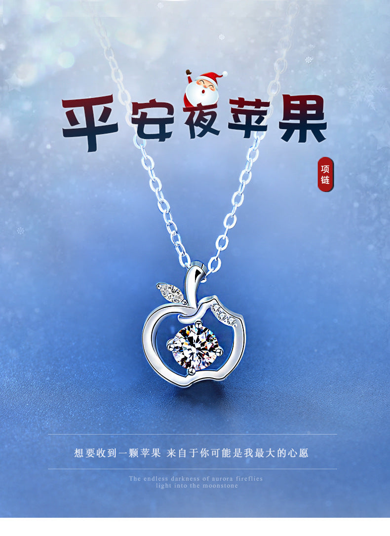 Original design 925 necklace for girls, pure silver apple pendant with moissanite, Christmas gift, foreign trade jewelry