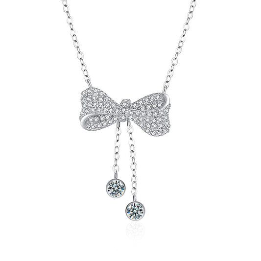 Women's Moissanite Jewelry Necklace 925 Silver Tassel Bow Pendant Luxury Collar Chain