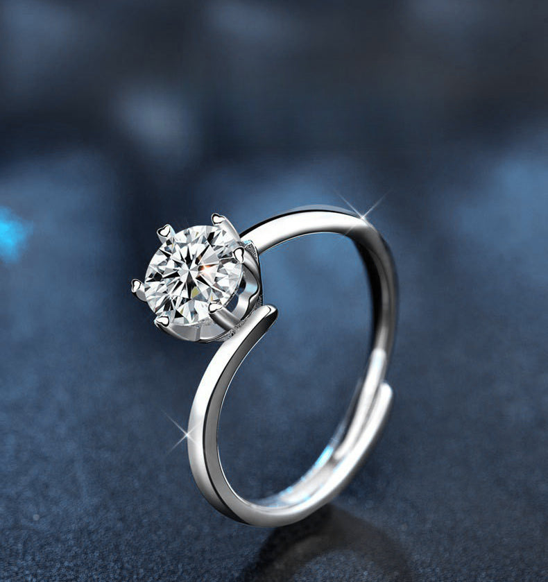925 Silver Twisted Arm Six-Prong Moissanite Ring, Ins Style Open Ring, Women's Wedding Jewelry, Cross-border E-commerce
