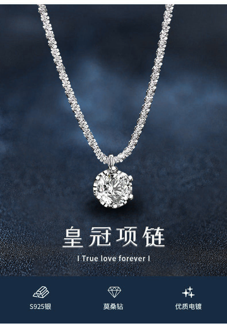 Mossianite, Sparkling Crown Six-Prong Necklace, Luxurious and Sophisticated Pure Silver Starlight Chain for Women