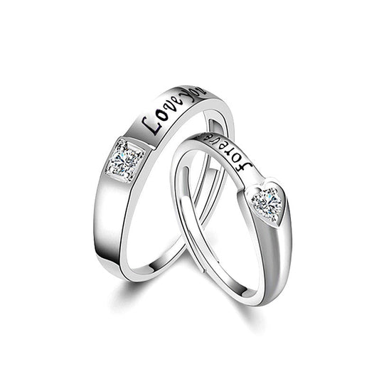 Love couple ring 925 pure silver pair oxidized vintage letter couple ring fashionable zircon open ring accessory