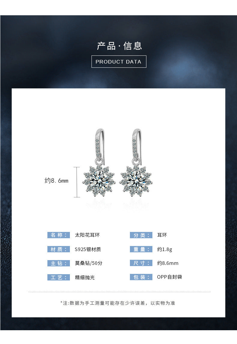 925 Sterling Silver Earrings Jewelry Sunflower Moissanite Diamond Ear Hooks Dangle Earrings Simple Flower Earrings