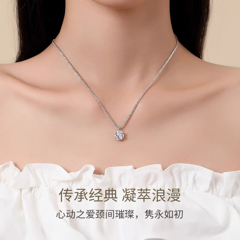 Mossianite, Sparkling Crown Six-Prong Necklace, Luxurious and Sophisticated Pure Silver Starlight Chain for Women
