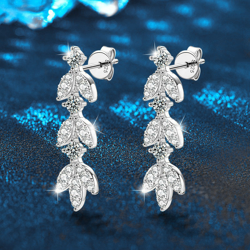 Cross-border Moissanite Leaf Tassel Earrings s925 Silver Earrings Sterling Silver High-end 2024 New Earrings Jewelry