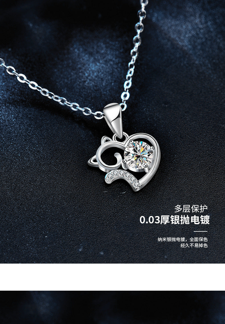 Cute Cat 925 Sterling Silver Necklace Summer Unique Moissanite Collar Pendant Jewelry Birthday Gift for Girlfriend