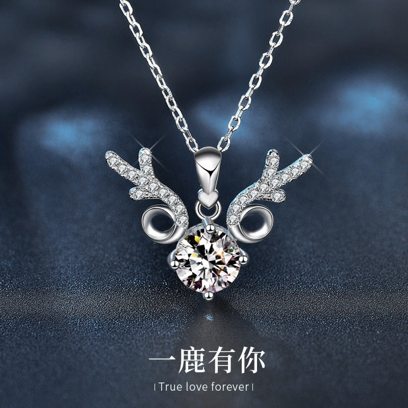 "All the Way Deer" 925 Sterling Silver Moissanite Pendant Necklace Women's INS Simple Clavicle Chain Christmas Gift Jewelry