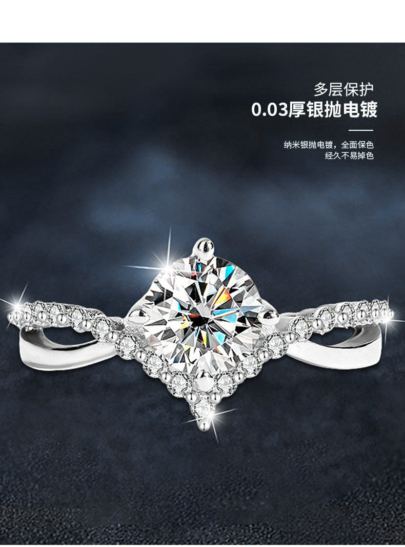 925 Silver Twisted Arm Four Claw Ring, Women's Unique High-End Simple Anti-Tarnish Moissanite Closed Ring Jewelry Item