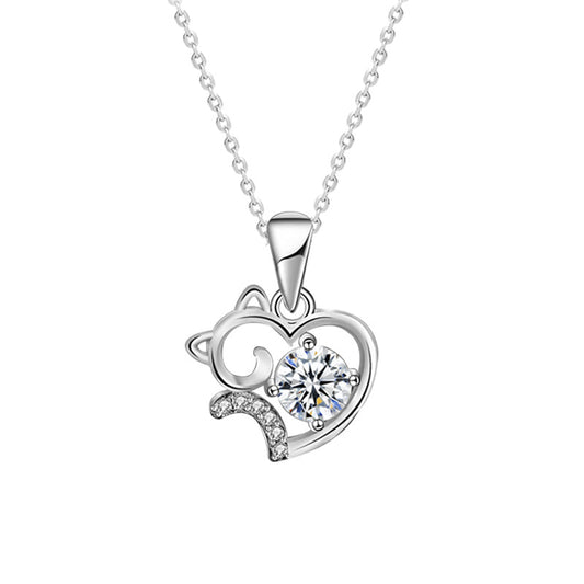 Cute Cat 925 Sterling Silver Necklace Summer Unique Moissanite Collar Pendant Jewelry Birthday Gift for Girlfriend
