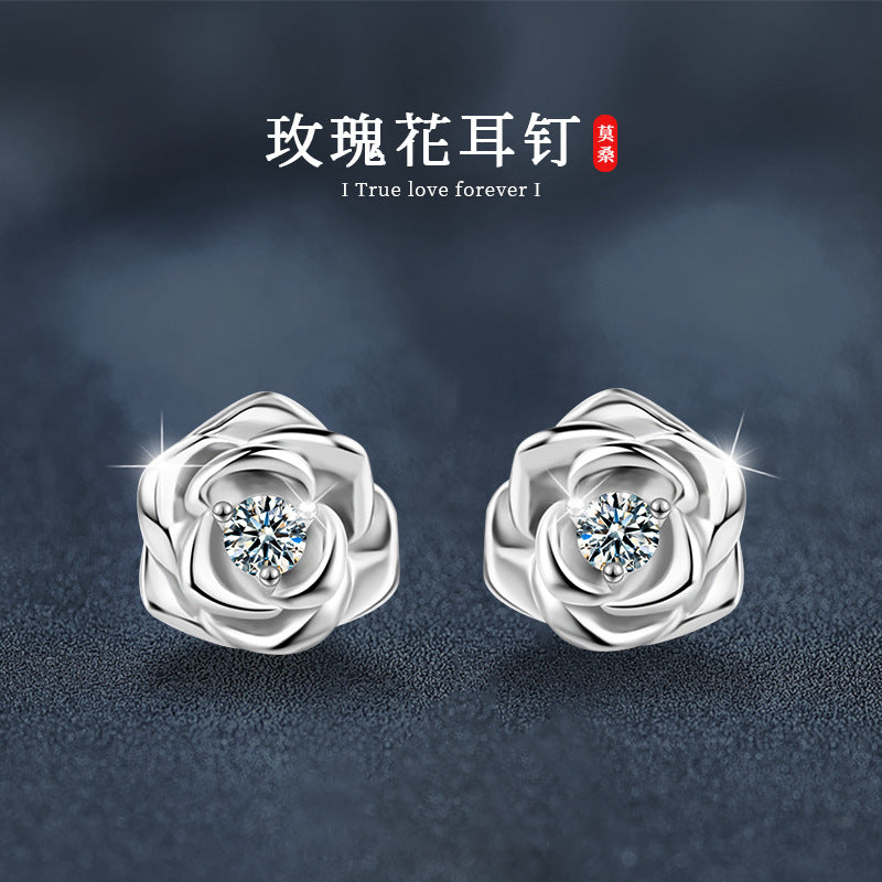 莫桑钻玫瑰花耳钉s925纯银小众气质轻奢高级感耳钉女