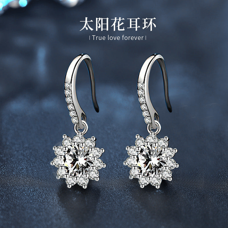 925 Sterling Silver Earrings Jewelry Sunflower Moissanite Diamond Ear Hooks Dangle Earrings Simple Flower Earrings
