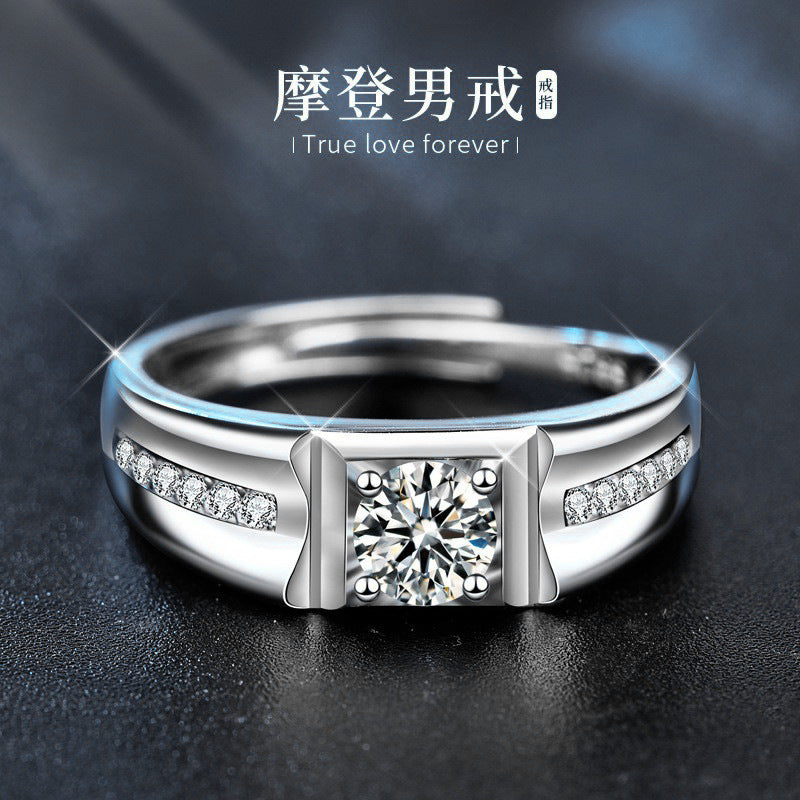 莫桑钻925纯银戒指男士韩版时尚开口手饰简约ins结婚钻戒首饰