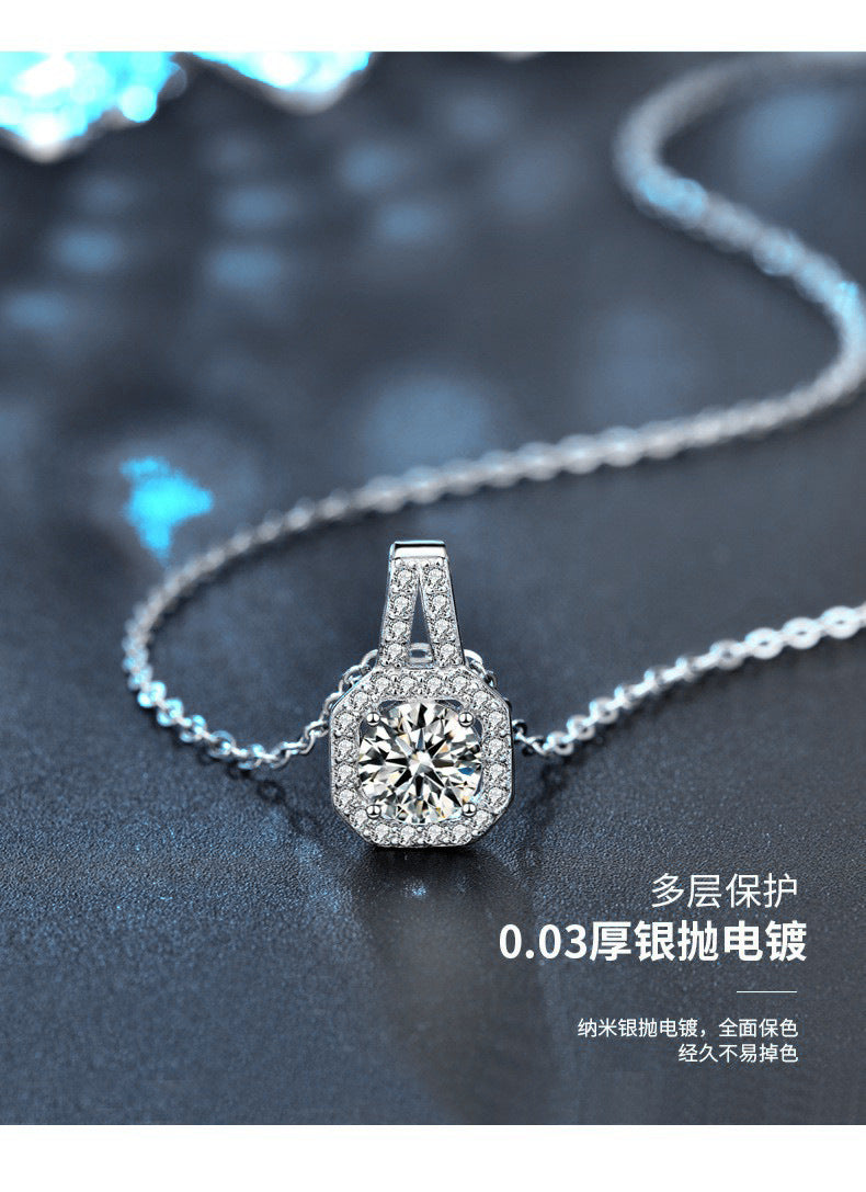 Moissanite 925 silver necklace, In style princess square pendant, summer European and American square silver accessory