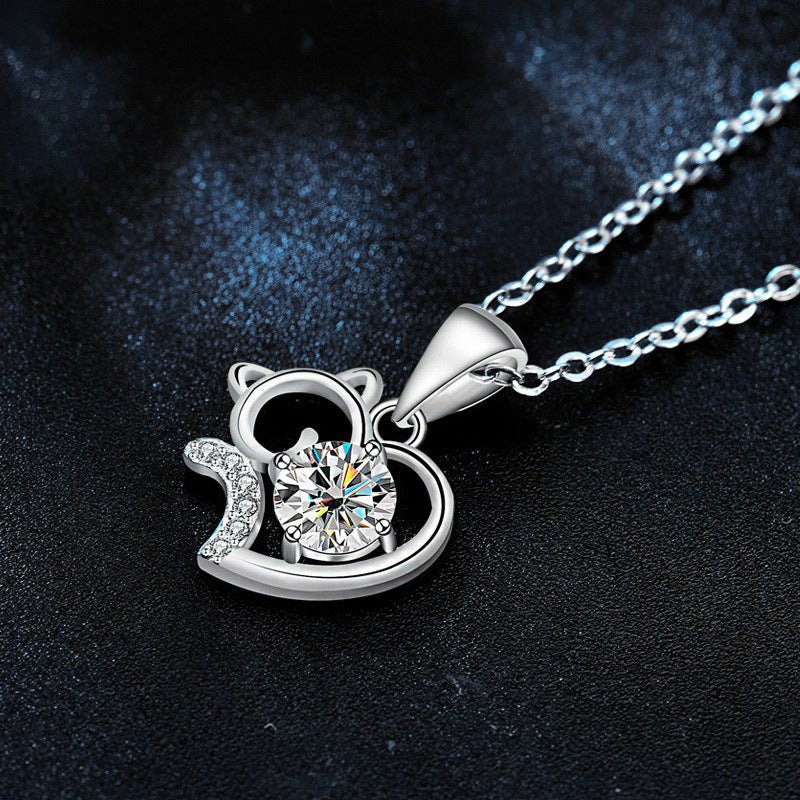 Cute Cat 925 Sterling Silver Necklace Summer Unique Moissanite Collar Pendant Jewelry Birthday Gift for Girlfriend