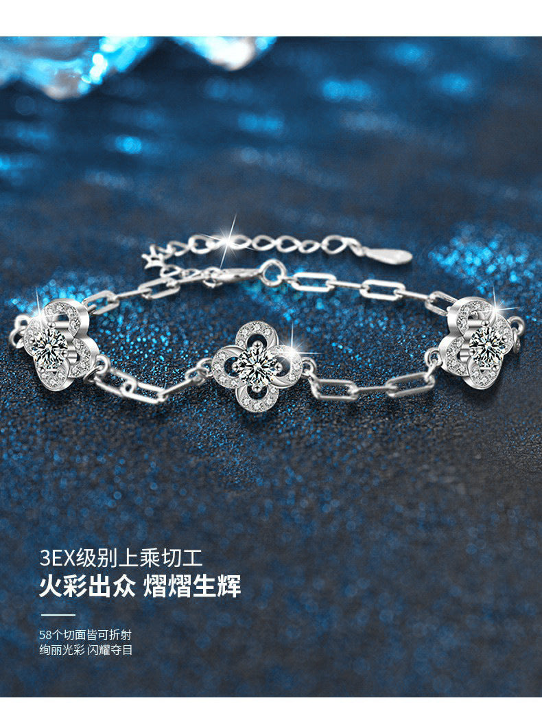 跨境s925纯银莫桑四叶草手链高版本不掉色手链女王节饰品