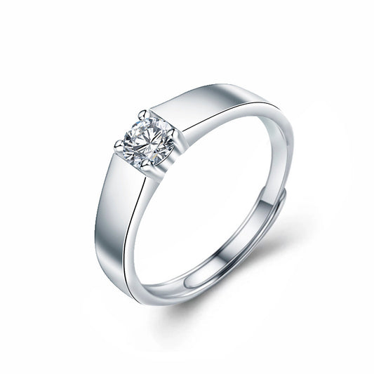 925 Sterling Silver Men's Platinum-tone Moissanite Ring Korean Style Polished Simple Open Ring Trendy Jewelry Couple