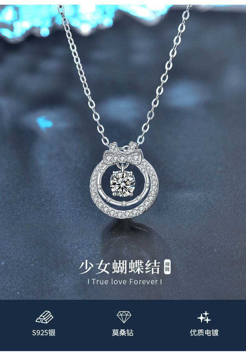 Original Moissanite 925 Sterling Silver Double Layer Necklace Ins Style Women's Versatile Bow Pendant