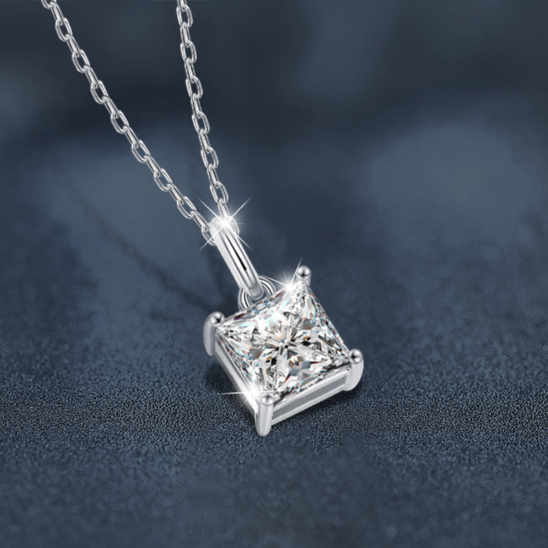 Cross-border jewelry moissanite princess cut necklace for women, 925 pure silver collar chain, ins trendy unique minimalist pendant