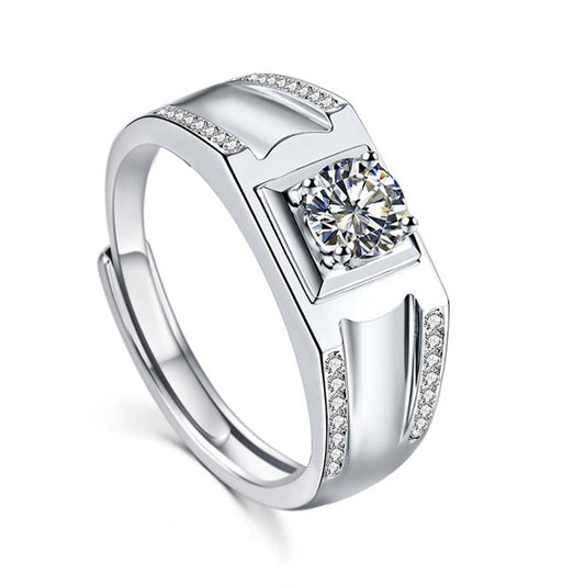 925 Pure Men's Open Ring, European and American Trendy Fashionable Moissanite Wedding Ring Engraving
