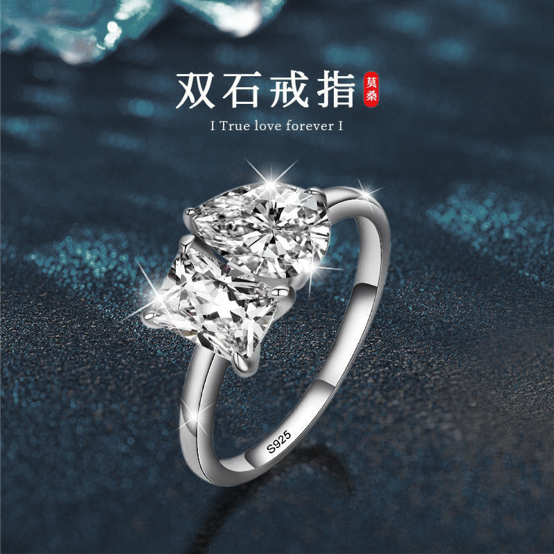 Cross-border jewelry moissanite double stone ring for women 925 pure silver square drop exaggerated ring European and American silver jewelry wholesale