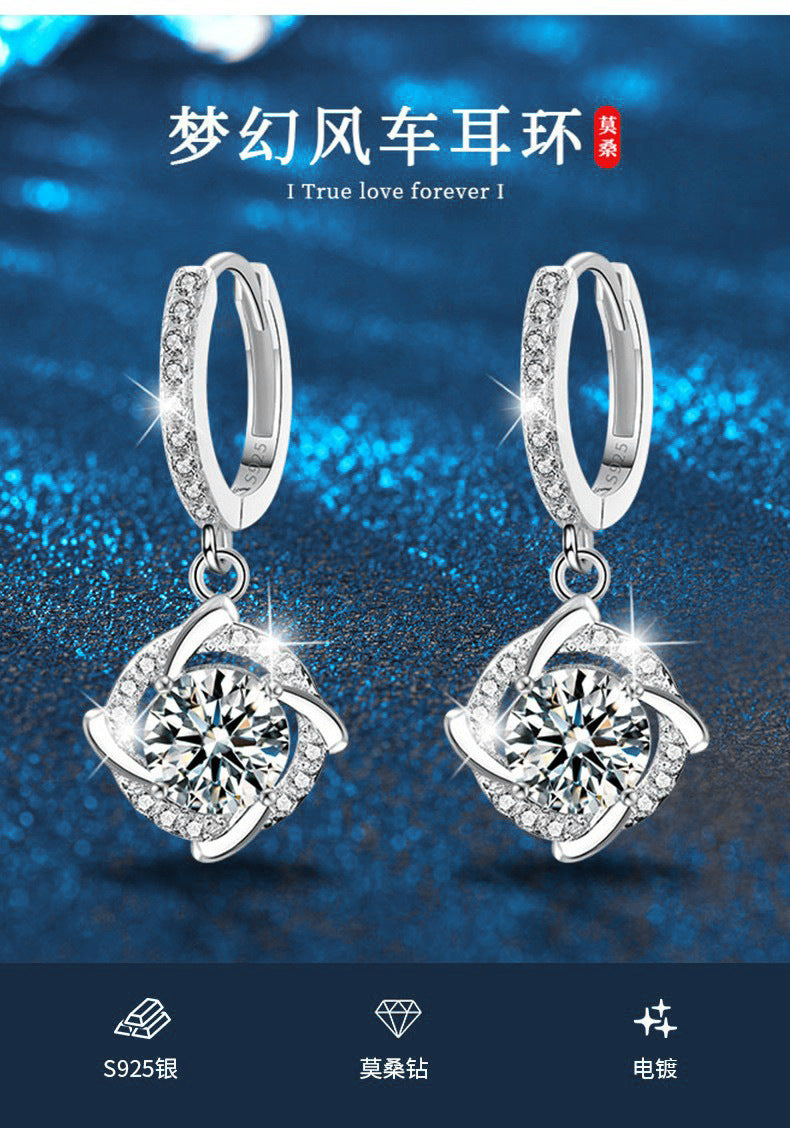Mossianite Earrings Windmill Earring Clips 925 Pure Silver Earrings Versatile Luxury High-end Foreign Trade Earrings Studs