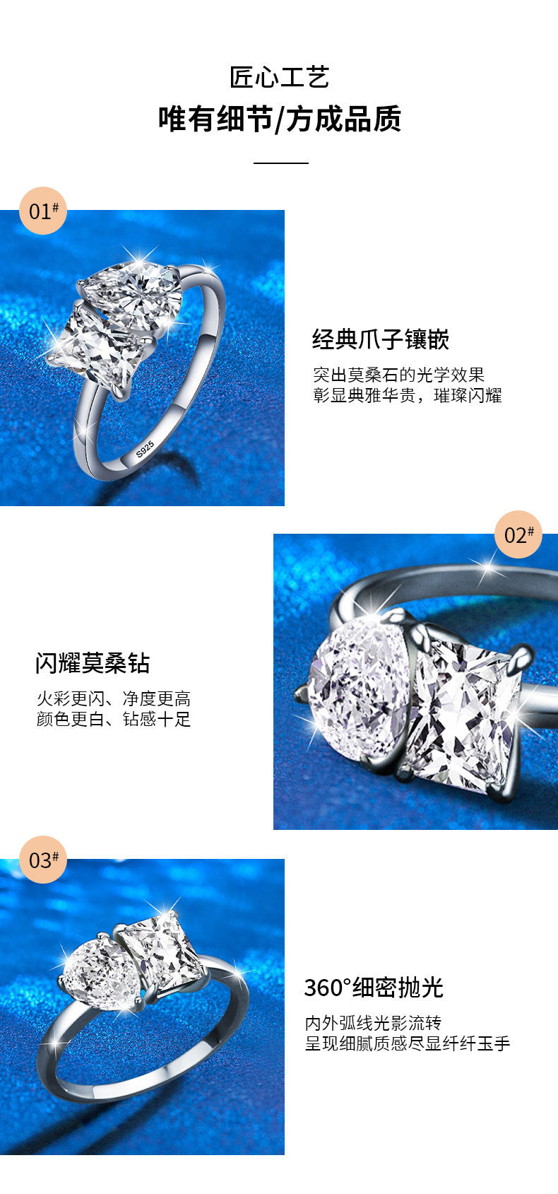 Cross-border jewelry moissanite double stone ring for women 925 pure silver square drop exaggerated ring European and American silver jewelry wholesale